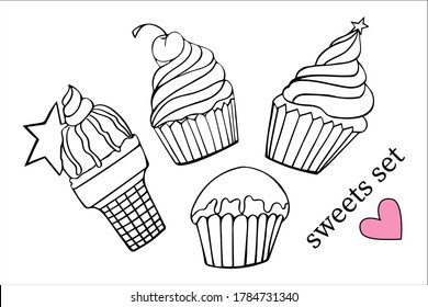 Sweets, desserts doodle hand drawing set black and white. Muffin, Ice cream, cupcake with cherry on top. 
