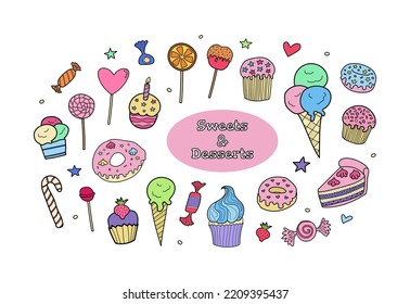 Sweets and desserts doodle icon set bundle isolated on white. Cute colorful cartoon style candies, ice cream, muffins, donuts, cakes decor elements collection. Yummy birthday party delicious vector.