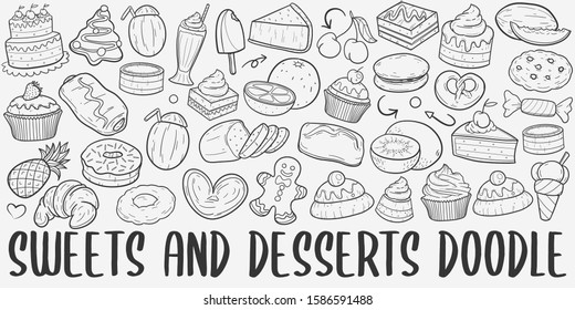 Sweets and Desserts Doodle Line Art Illustration. Hand Drawn Vector Clip Art. Banner Set Logos.