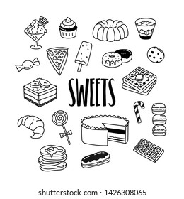 Sweets and desserts hand drawn doodle illustration, icons with cake, waffle, pancakes, tiramisu, ice cream, lollipop, eclair, croissant, cookies, macarons. 