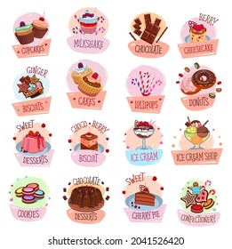 Sweets, desserts, ice cream and chocolate vector icons of sweet food. Cake, donut and cupcake, candy, macaron and muffin, cookie, pudding and gingerbread symbols, pastry shop, cafe and confectionery