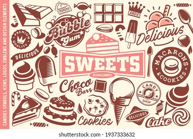 Sweets, desserts. ice creams, cakes, candies and cookies collection of logos, graphics,symbols,emblems icons and design elements. Sweet food vector set.