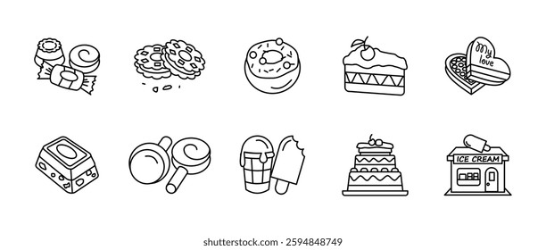 Sweets and desserts icon set. Collection of delicious treats. Cake, candies, ice cream, cookie, lollypop and chocolate. Bakery, confectionery and pastry-related vector icons.