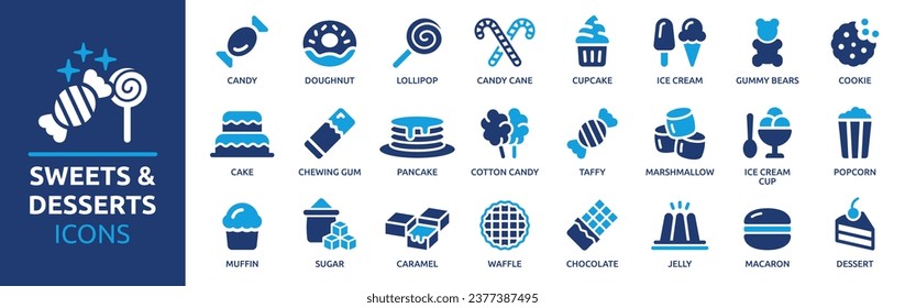 Sweets and desserts icon set. Containing candy, lollipop, ice cream, cookie, cake, sugar, popcorn, caramel and chocolate. Vector solid icons collection.