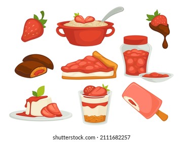 Sweets and desserts made of strawberry berry, juice and ice cream, jam and chocolate candy with filling. Cake and porridge with fresh fruit. Nutrition and dieting, menu special. Vector in flat