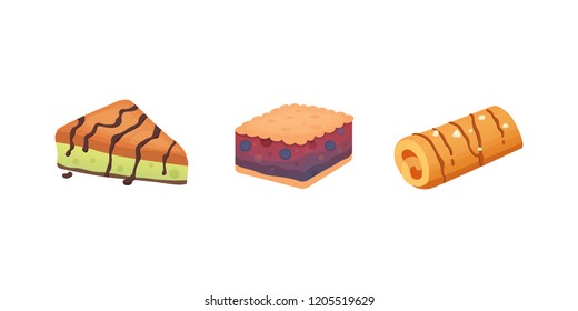 Sweets desserts objects collection, strawberry cakes, fruit and berry sweet pies with cream. Homemade bakery cake dessert pie vector set.