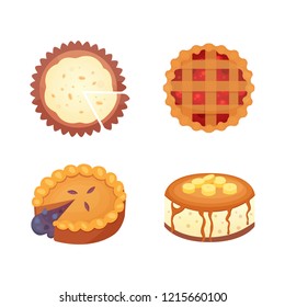 Sweets desserts objects collection, strawberry cakes, fruit and berry sweet pies with cream. Homemade bakery cake dessert pie vector set.