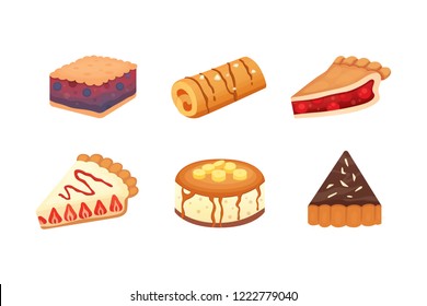 Sweets desserts objects collection, strawberry cakes, fruit and berry sweet pies with cream. Homemade bakery cake dessert pie vector set.