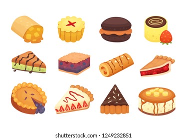 Sweets desserts objects collection, strawberry cakes, fruit and berry sweet pies with cream. Homemade bakery cake dessert pie vector set.