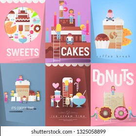 Sweets and Desserts Posters Set with Small Size Cartoon People. Cakes, Donuts, Coffee, Ice Cream on Mini Placards. Vector Illustration. 