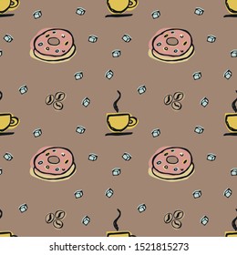 Sweets and desserts seamless pattern on a brown background. Hand drawn retro style vector illustration.