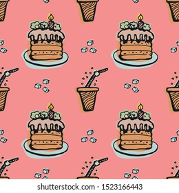 Sweets and desserts seamless pattern on a pink background. Hand drawn vector illustration of a retro style.