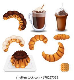 Sweets and desserts set, Croissant, milk shake, hot chocolate, Bundt Cake on white background