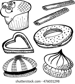 Sweets and desserts set. Different bakery products: donut, cake, marshmallow and other cookies. Vector illustration. Sketch