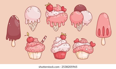 Sweets and desserts set. Ice cream ball cone and fruit and chocolate on stick, cream cupcake with strawberries, cherry, candy and hearts. Isolated funny sweet cartoon kawaii food. Vector illustration.