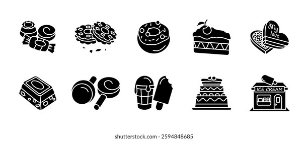 Sweets and desserts silhouette icon set. Collection of delicious treats. Cake, candies, ice cream, cookie, lollypop and chocolate. Bakery, confectionery and pastry-related vector icons black glyphs.