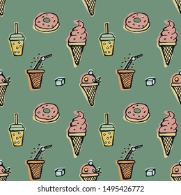 Sweets, desserts and soda seamless pattern in pastel colors. Hand drawn vector doodle retro style illustration.