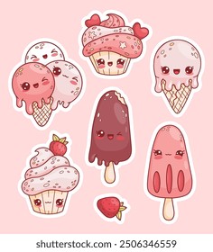 Sweets and desserts stickers. Cute Ice cream cone and fruit and chocolate on stick, cream cupcake with strawberries and hearts. Isolated funny sweet kawaii cartoon character. Vector illustration