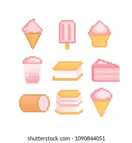 Sweets and desserts with strawberry flavor icon set. Isolated vector pixel art 80s style illustration. 8-bit sprite. Design sticker, logo, app.