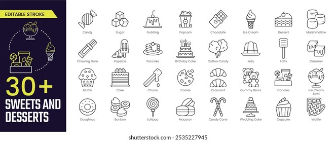 Dulces y postres Icono de colecciones. Contiene dulces, azúcar, galletas, helados, pasteles, panqueques, donuts, algodón de azúcar, dulces e iconos de caramelo. Icono de trazo editable Iconos de contorno de colección