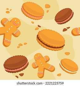 Sweets and desserts, tasty meal for dessert. Cookies and biscuits with chocolate cream. Gingerman character with glazing. Seamless pattern, background or print wallpaper. Vector in flat style