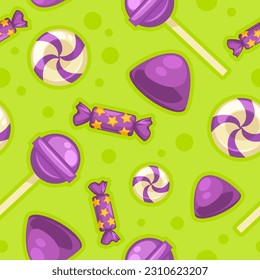 Sweets and desserts, tasty meal and food snacks. Candies and lollipops, delicious food. Lollipops variety and diversity. Seamless pattern, wallpaper print or background. Vector in flat style