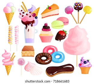 Sweets desserts trendy confection colorful icons collection with donuts eclairs cakes lollies macarons cupcakes isolated vector illustration 