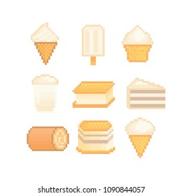 Sweets and desserts with vanilla flavor icon set. Isolated vector pixel art 80s style illustration. 8-bit sprite. Design sticker, logo, app.