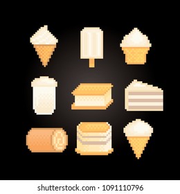 Sweets and desserts with vanilla flavor icon set. Isolated vector pixel art 80s style illustration. 8-bit sprite. Design sticker, logo, app.