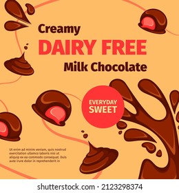 Sweets And Desserts For Vegans And Vegetarians, Non Dairy Chocolate With Plant Based Milk. Shop Or Store With Organic And Natural Products For Balanced And Healthy Dieting. Vector In Flat Style
