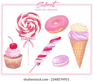 Sweets and desserts watercolor hand painting elements, donut, cupcake, lollipop, macaron, ice cream illustration