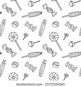 Sweets different candies doodle Seamless pattern with caramel on stick, wrapped candies, lollipop. Vector patterns endless. Black line sample pattern for wallpaper, fabric, packaging, background.