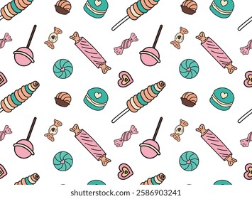 Sweets different candies doodle Seamless pattern with caramel on stick, wrapped candies, lollipop. Vector patterns endless. Color sample pattern for wallpaper, fabric, packaging, background.