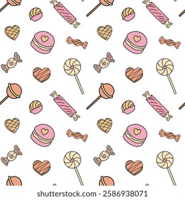 Sweets different candies doodle Seamless pattern with caramel on stick, wrapped candies, lollipop. Vector patterns endless. Color sample pattern for wallpaper, fabric, packaging, background.