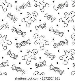 Sweets different wrapped candies and Gingerbread man doodle Seamless pattern. Vector patterns endless. Black line sample pattern for wallpaper, fabric, packaging, background.