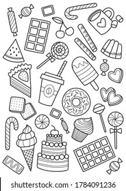 Sweets Doodle-Farbbuchseite. Antistress für Erwachsene. Umfassende Schwarz-Weiß-Illustration