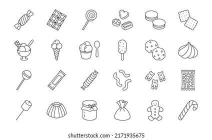 Sweets doodle illustration including icons - candy, marmalade bears, chocolate biscuit, pastry, pudding, ice cream, desert, marshmallow, cracker. Thin line art about confectionery. Editable Stroke