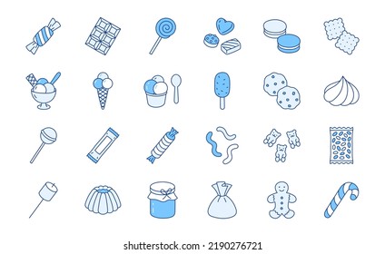 Sweets doodle illustration including icons - candy, chocolate biscuit, pastry, pudding, ice cream, desert, marshmallow, cracker. Thin line art about confectionery. Blue Color, Editable Stroke