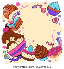 Dulces. Ilustraciones de doodle de varios tipos de dulces. Fondo colorido para un afiche. Ilustración del vector