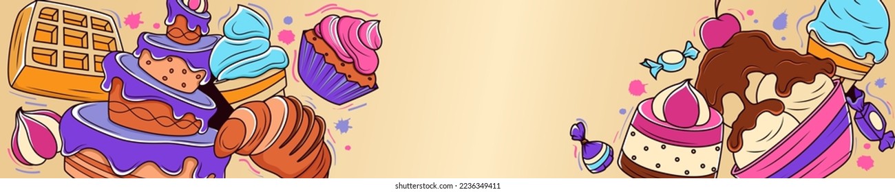 Sweets. Doodle illustrations of various types of sweets. Desserts funny items and poster design elements. Colorful vector banner