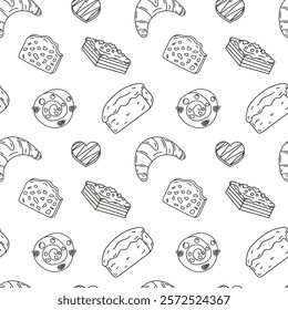 Sweets doodle Seamless pattern with bun, cake, croissant, chocolate heart, bread. Vector patterns endless. Black line sample pattern for wallpaper, fabric, packaging, background.