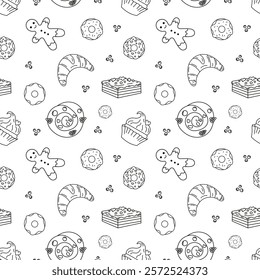 Sweets doodle Seamless pattern with bun, croissant, chocolate cake, doughnut, donut, gingerbread man, cupcake. Vector patterns endless. Black line sample pattern for fabric, packaging, background.