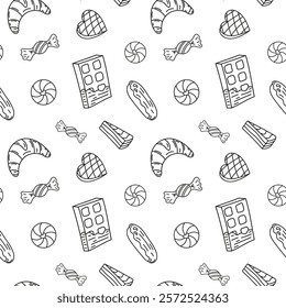 Sweets doodle Seamless pattern with chocolate, candies, eclairs, croissant, chocolate bar, heart, cake. Vector patterns endless. Black line sample pattern for wallpaper, fabric, packaging, background.