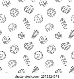 Sweets doodle Seamless pattern with chocolate, candies, eclairs, donuts, macarons. Vector patterns endless. Black line sample pattern for wallpaper, fabric, packaging, background.