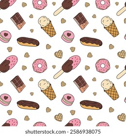 Sweets doodle Seamless pattern with chocolate eclairs, donuts, macarons, ice cream. Vector patterns endless. Color sample pattern for wallpaper, fabric, packaging, background.