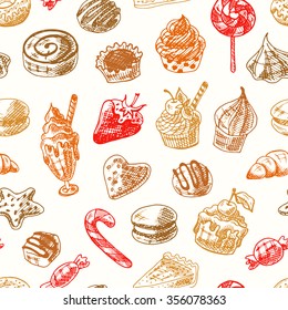 Sweets doodle seamless pattern. Hand made illustration with cupcakes, candies, macaroons, cookies and lollipops. 