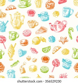 Sweets doodle seamless pattern. Hand made illustration with cupcakes, candies, macaroons, cookies, pots, jams and lollipops.