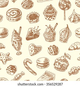 Sweets doodle seamless pattern. Hand made illustration with cupcakes, candies, macaroons, cookies and lollipops.