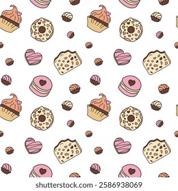 Sweets doodle Seamless pattern with macaroons, doughnut, chocolate, cake. Vector patterns endless. Color sample pattern for fabric, packaging, background.