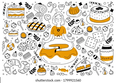 Sweets doodle set. Collection of hand drawn sketches templates of different delicious food desserts candies cake pie honey and lollipops. Unhealthy nutrition and lifestyle illustration.